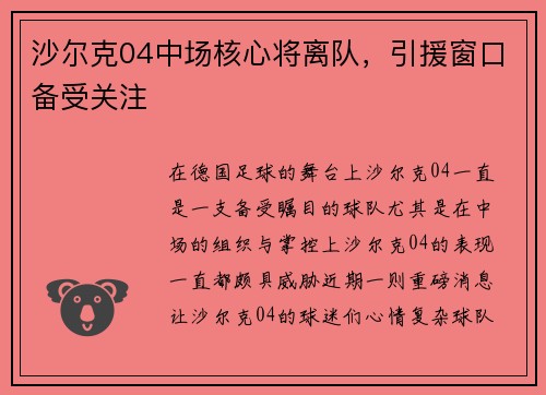 沙尔克04中场核心将离队，引援窗口备受关注
