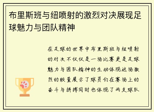 布里斯班与纽喷射的激烈对决展现足球魅力与团队精神